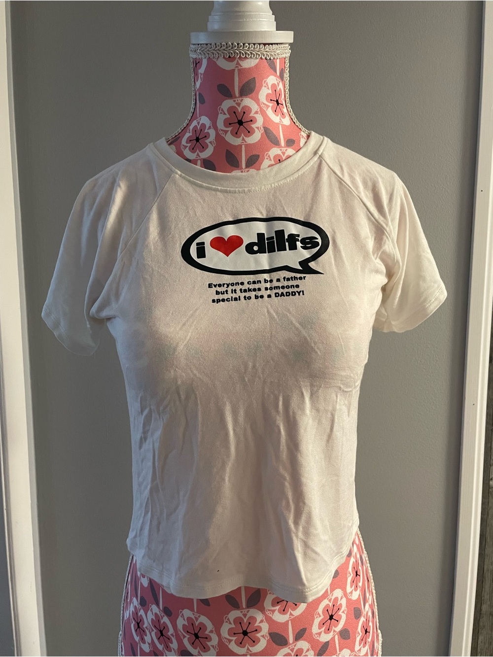 omighty White Graphic Crop Tee with Black and Red Print
